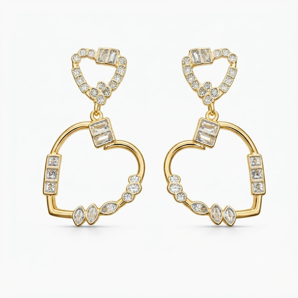14K Zirkon Taşlı Sallantılı Kalp Küpe