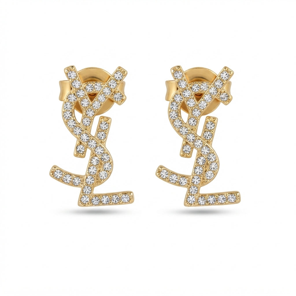 14K YSL Tasarım Zirkon Taşlı Küpe
