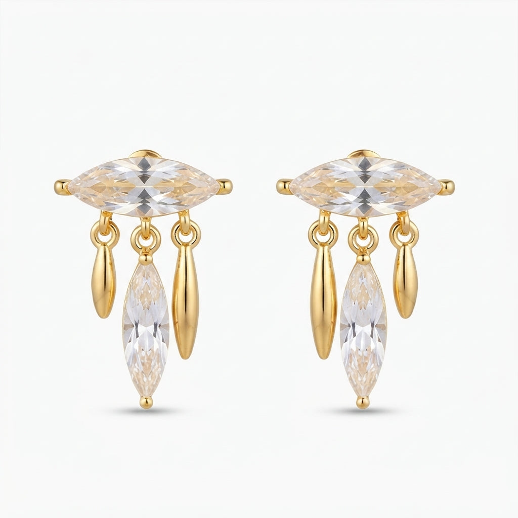 14K Zirkon Taşlı Sallantılı Tek Taş Küpe
